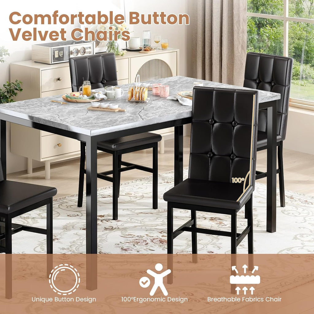 LinkRomat Modern Dining Table Set, Grey Faux Marble Rectangular Table Set and 4 Black PU Cushion Chairs, Dining Room Home Furniture for Small Space