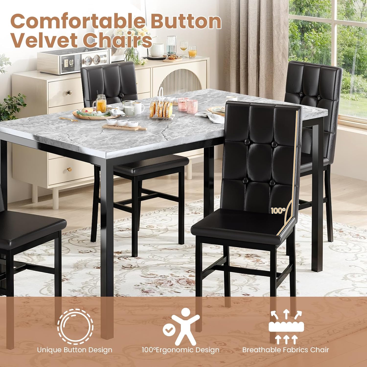 LinkRomat Modern Dining Table Set, Grey Faux Marble Rectangular Table Set and 4 Black PU Cushion Chairs, Dining Room Home Furniture for Small Space