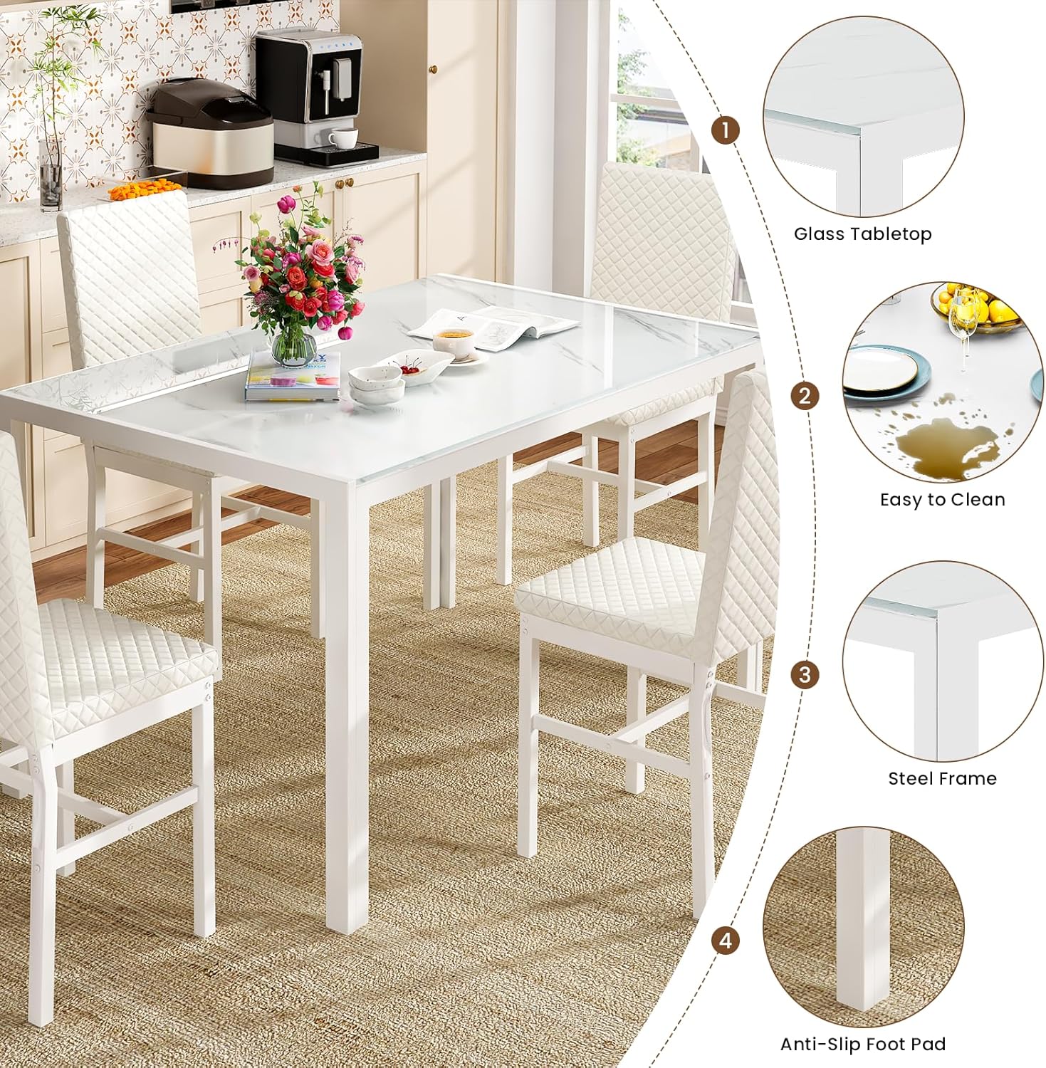 LinkRomat Dining Table Set for 4, Glass Table & PU Leather Chairs, Kitchen Tabletop and Chairs Set for Small Space, Apartment, Home Furniture, White