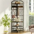 LinkRomat 4-Tier Corner Hall Tree with Hooks and Shoe Storage, Industrial Entryway Coat Rack with Bench, Rustic Wood and Metal Organizer for Small Spaces