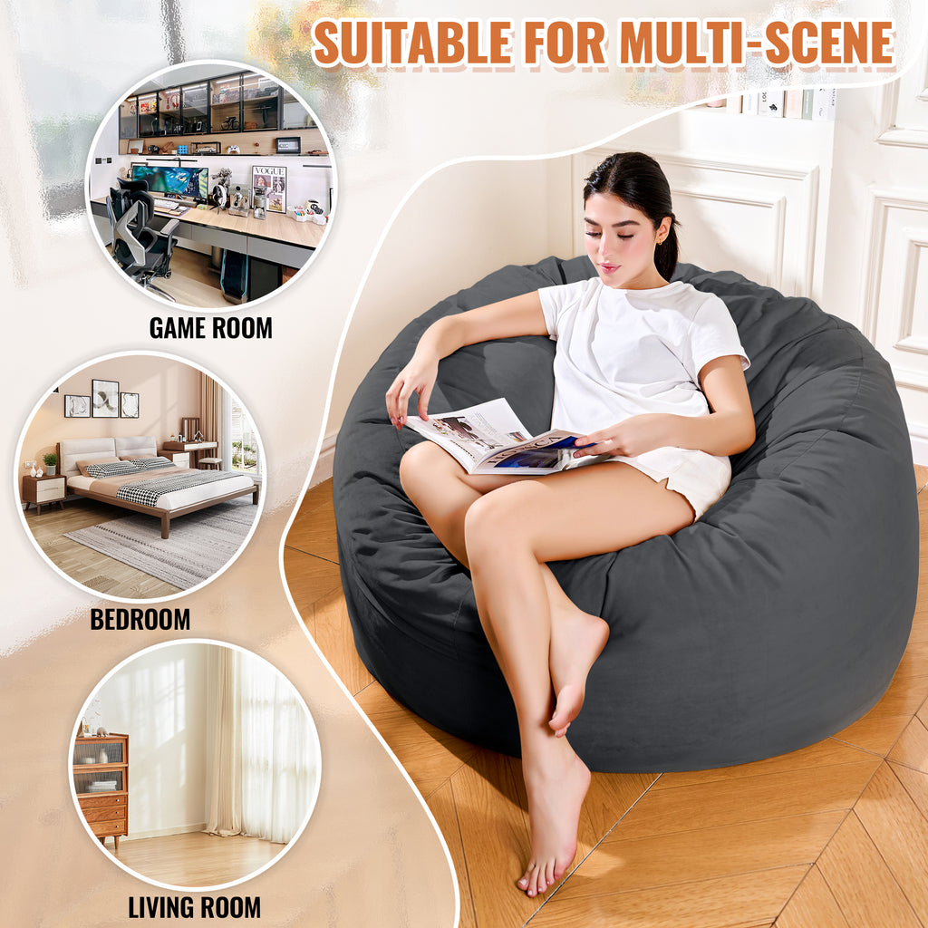 4FT Bean Bag Chair, Minimalist Bean Bag with Velvet Cover, Fluffy and Comfy Bean Bag for Adults, Bean Bag Sofa Filled with High-Density Sponge for Gaming (Yellowish Beige)
