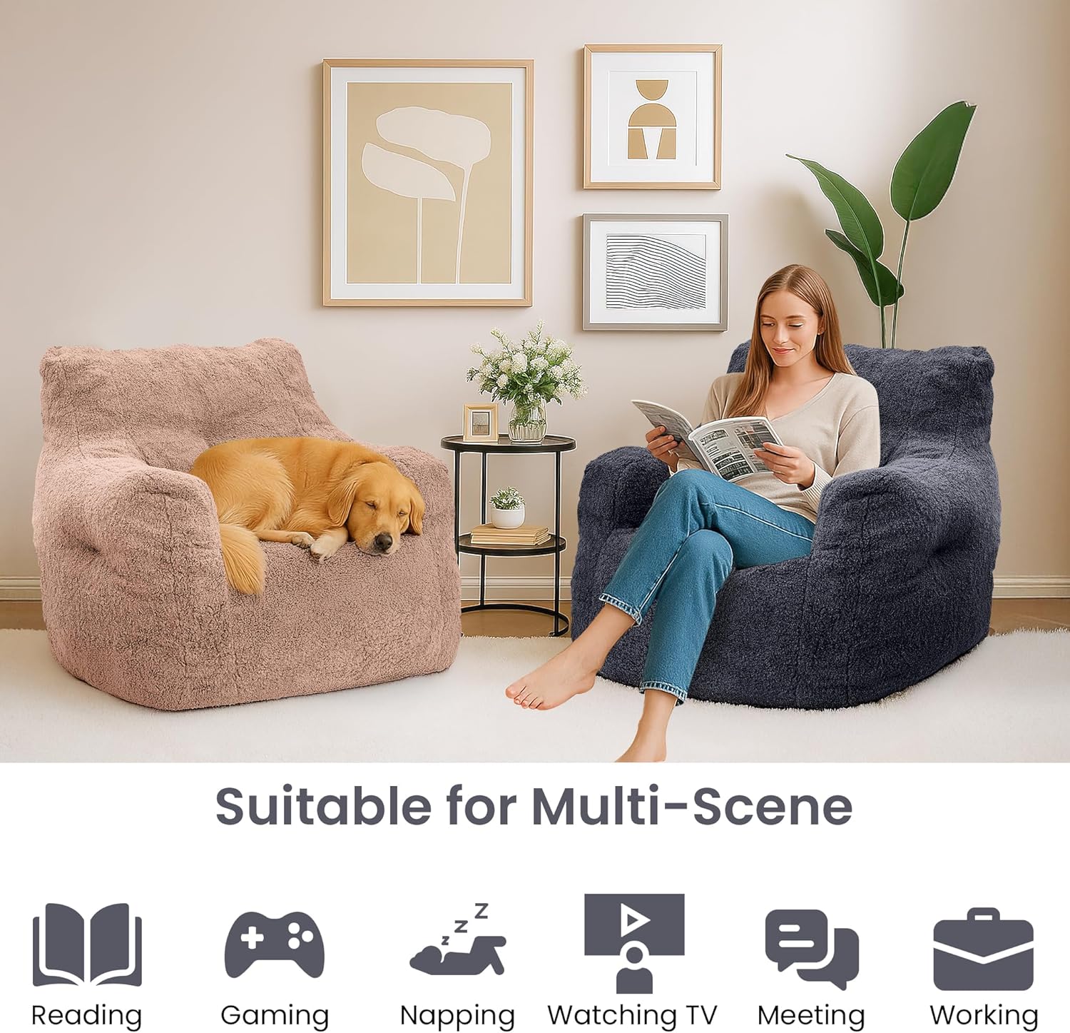 LinkRomat Bean Bag Chair, Bean Bag Sofa with Tufted Soft Stuffed Filling, Fluffy and Lazy Sofa with Premium Memory Foam Filler for Living Room, Bedroom, Dorm