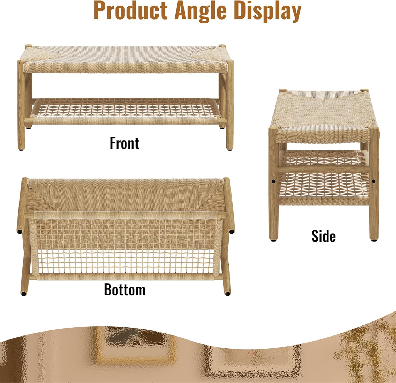 LinkRomat Wicker Bench Indoor Entryway Bench with Paper Cord Ottoman & Grid Storage Rack, Mid-Century Long Chair with Wood Legs for Room Channel