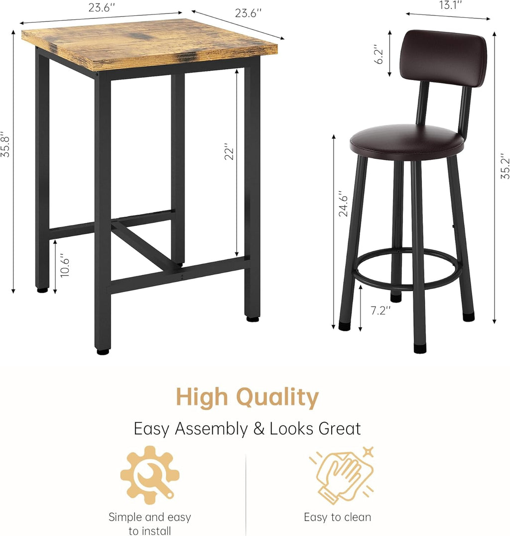 3 Piece Pub Dining Set, 24" Dining Table Set with 2 PU Leather Upholstered Stools, Square Small Space Kitchen Table Pub Set for Apartment Dining Room, Living Room