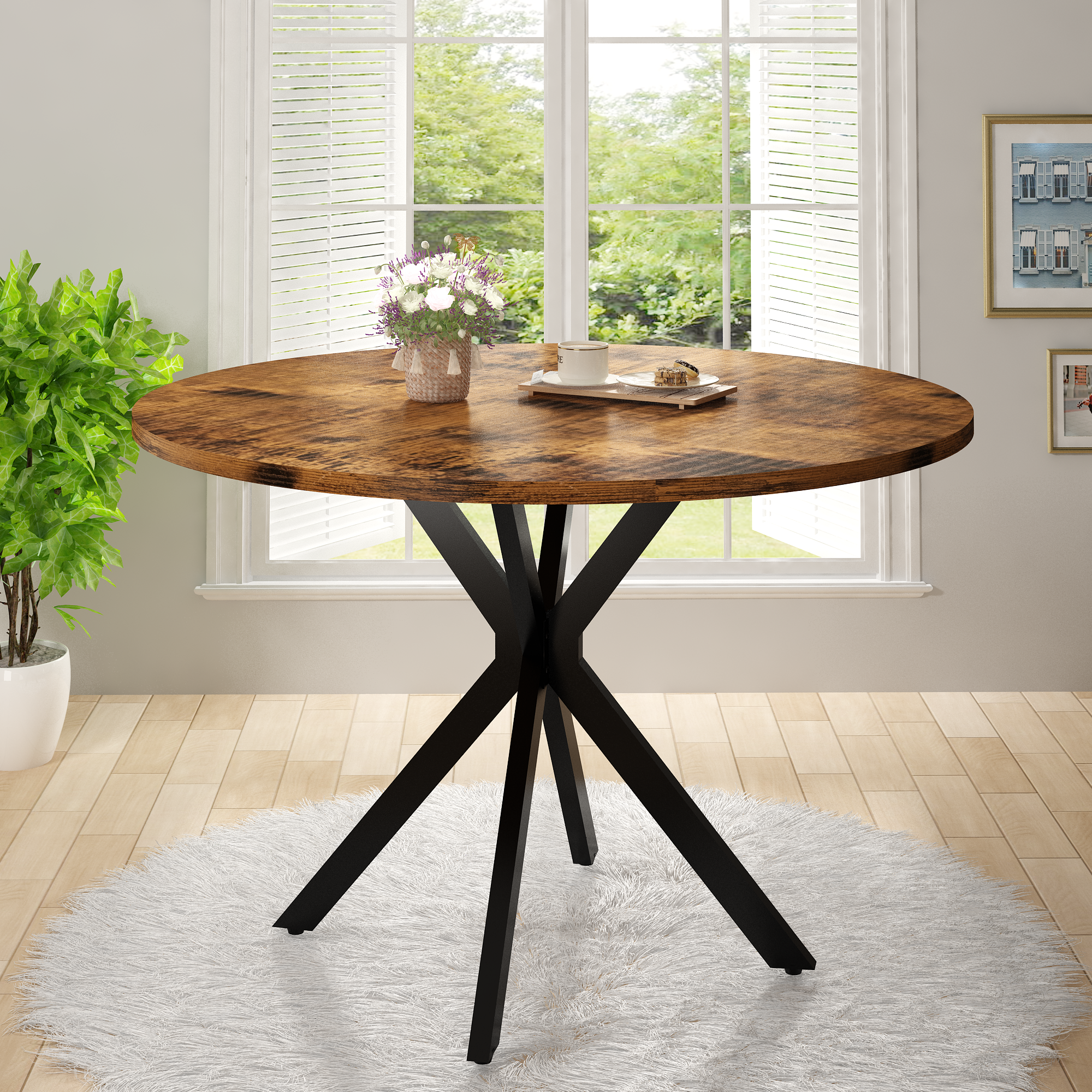 LinkRomat Mid-Century Round Kitchen Table, 39" Leisure Dining Table with 1.18" Thick Top & Black Metal Legs for 4–5 People, Walnut