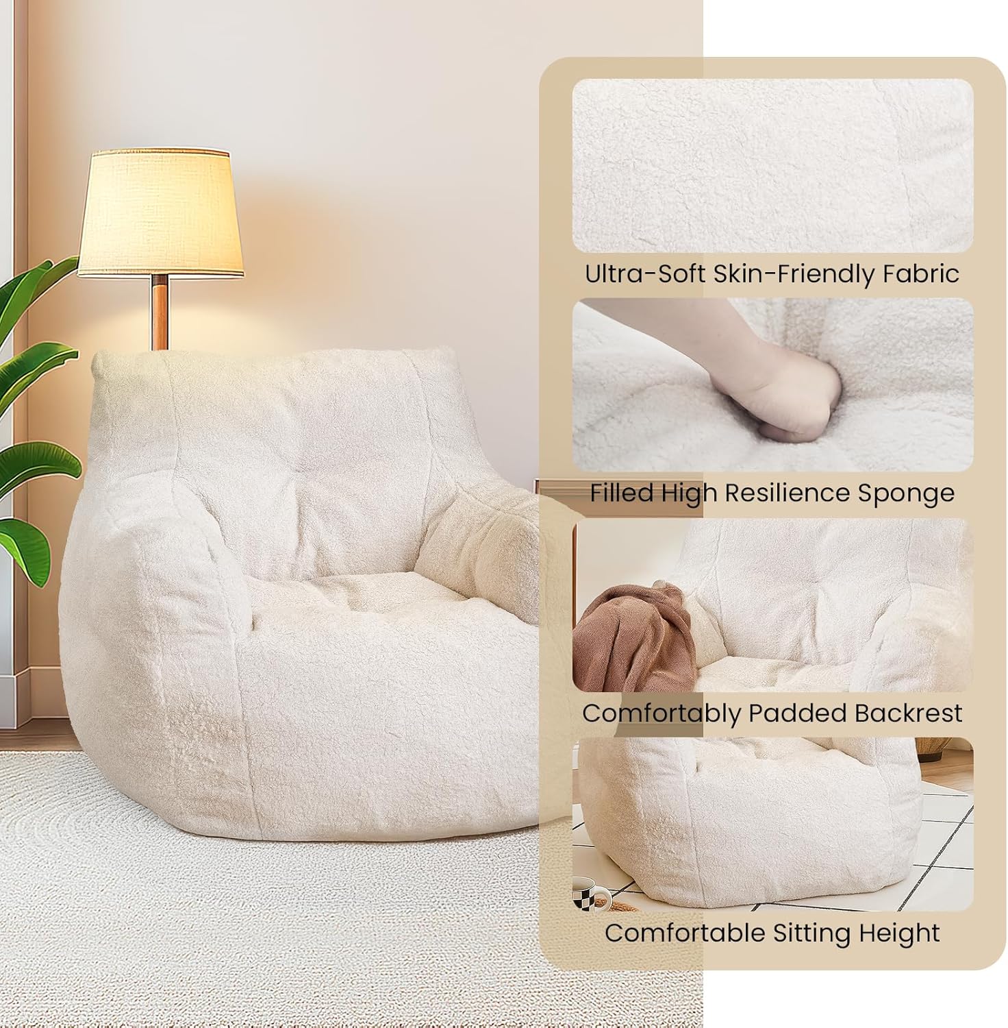 LinkRomat Bean Bag Chair, Bean Bag Sofa with Tufted Soft Stuffed Filling, Fluffy and Lazy Sofa with Premium Memory Foam Filler for Living Room, Bedroom, Dorm