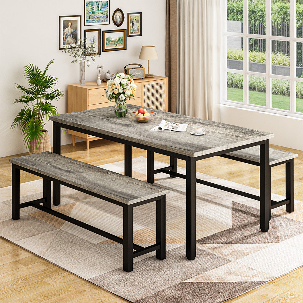 LinkRomat 3 Piece Dining Room Table Set for 4, 47" Farmhouse Dining Table with Benches, Rectangular Kitchen Sets for Small Space, Apartment, Restaurant