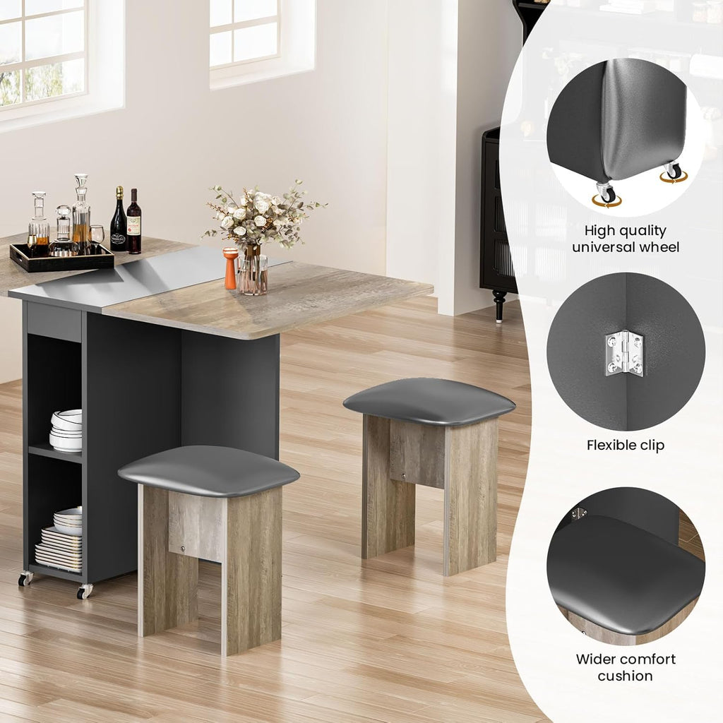 LinkRomat Folding Dining Table Set for 4, Kitchen Table with Shelves & 4 Leather Chairs, Space Saving Foldable Dining Table with 6 Wheel (Grey)