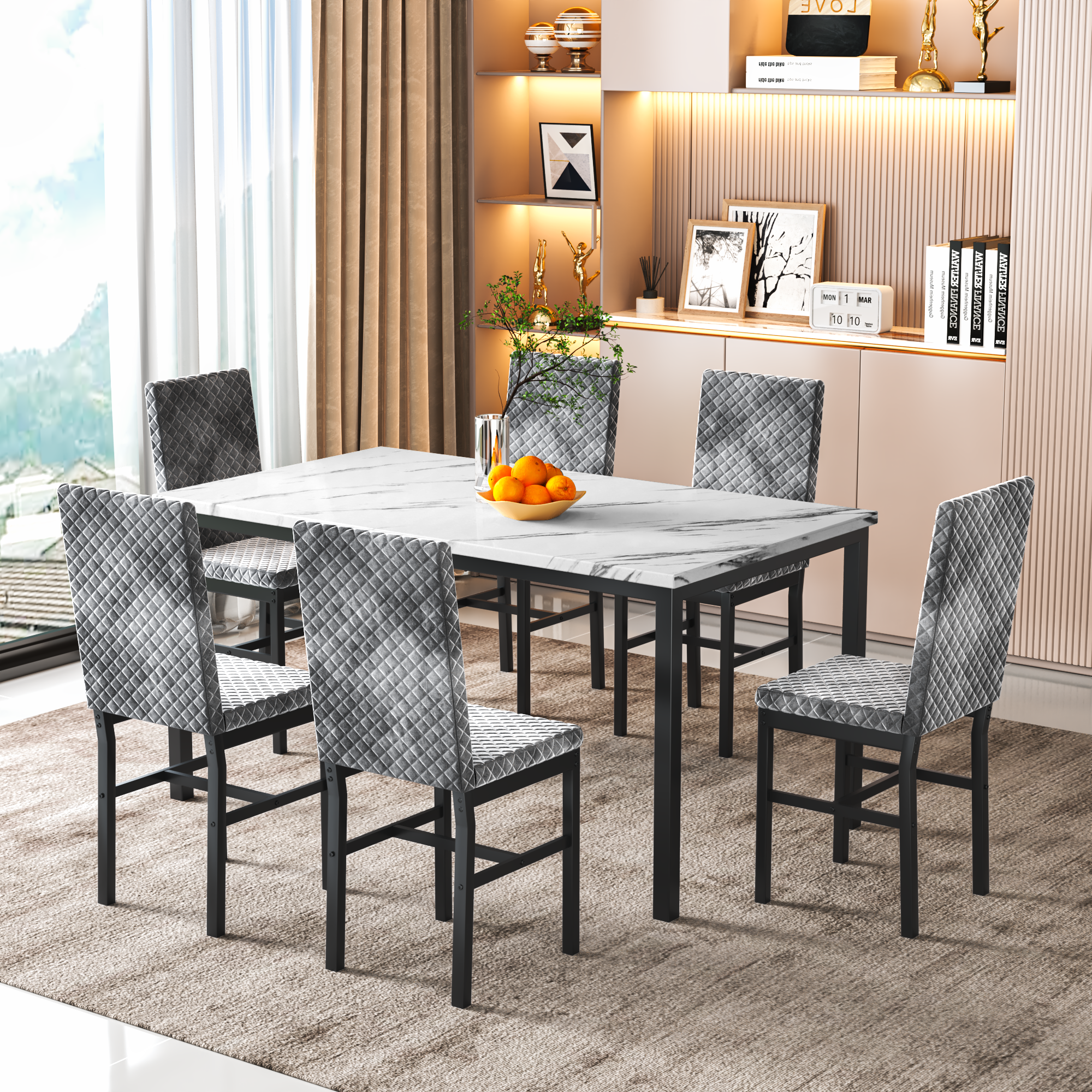 LinkRomat Modern 7 Piece Dining Room Sets for 6, Table Dining Set for 6, Faux Marble Kitchen Table PU Leather Chair for Apartment, Dining Room