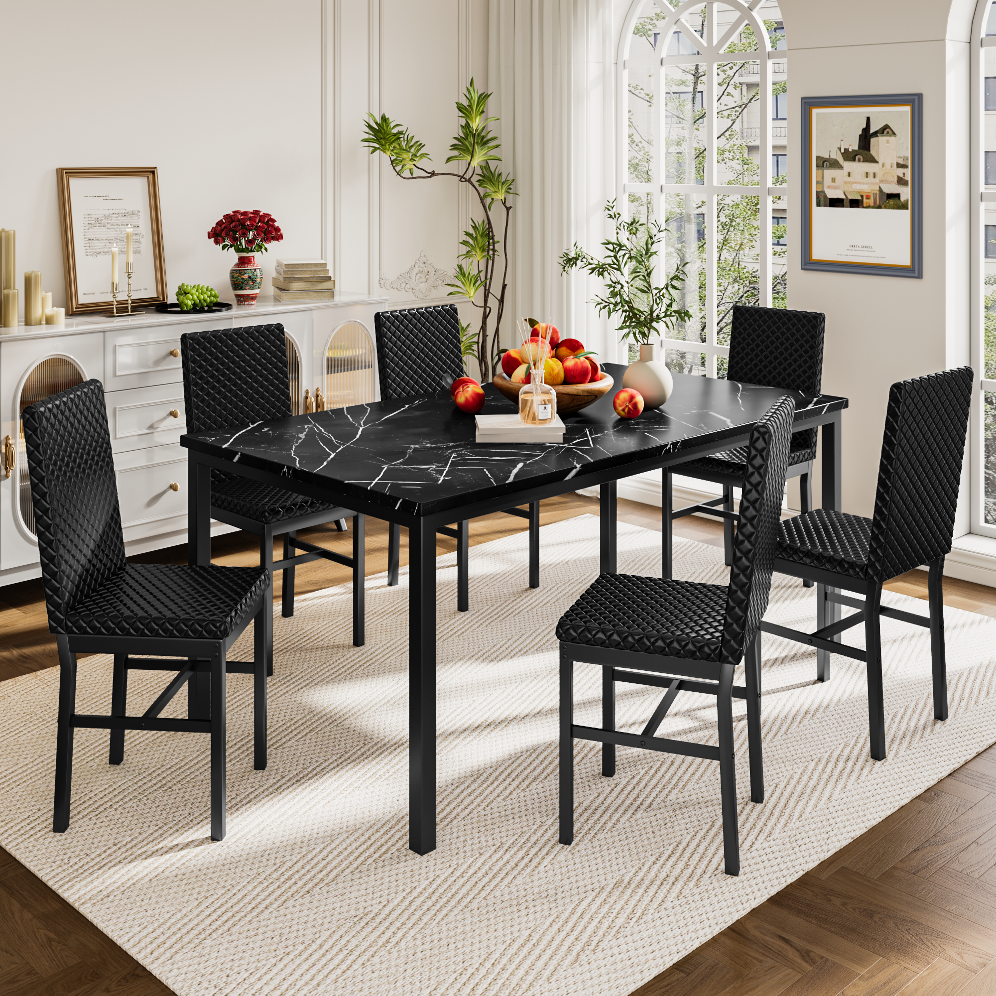 LinkRomat Modern 7 Piece Dining Room Sets for 6, Table Dining Set for 6, Faux Marble Kitchen Table PU Leather Chair for Apartment, Dining Room