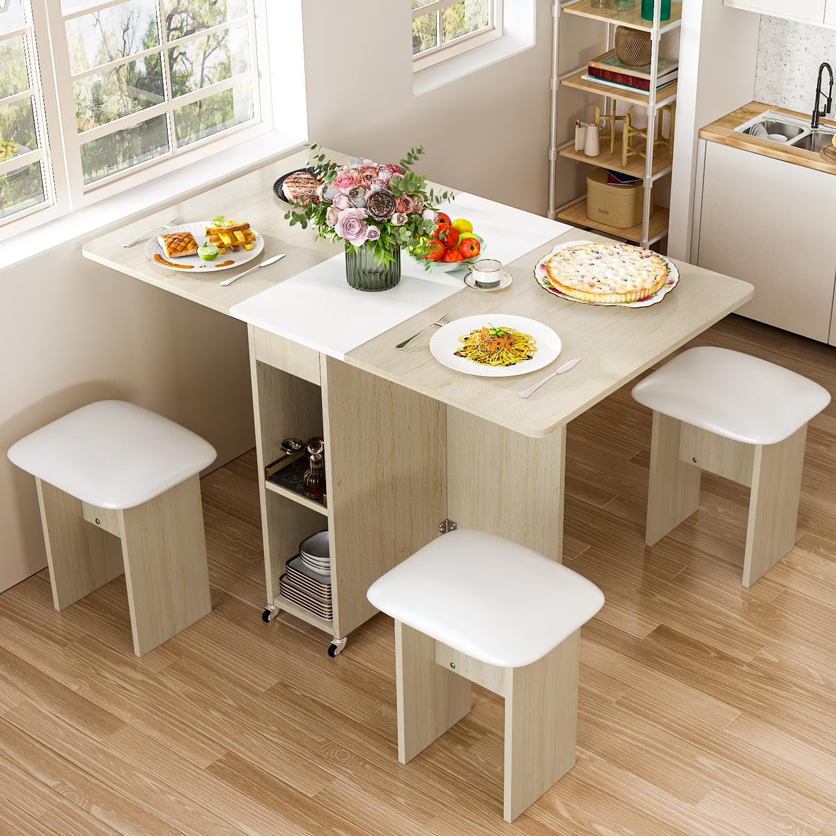 MOOSENG Folding Dining Table Set for 4, Dinner Table with 4 Leather Chairs and Shelves, Space Saving Foldable Dining Table with 6 Wheels, Kitchen Table Set for Small Spaces