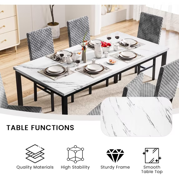 Cvortll Modern 7 Piece Dining Room Sets for 6, Faux Marble Dining Room Sets, Velvet Chairs, Dining Room, Apartment, Gray