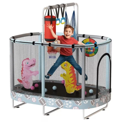 LinkRomat 7-in-1 60" Elliptic Trampoline for Kids, 500lbs Capacity Toddler Trampoline with Enclosure, Adjustable Height Handrail & Durable Designs for Boys & Girls, Indoor & Outdoor