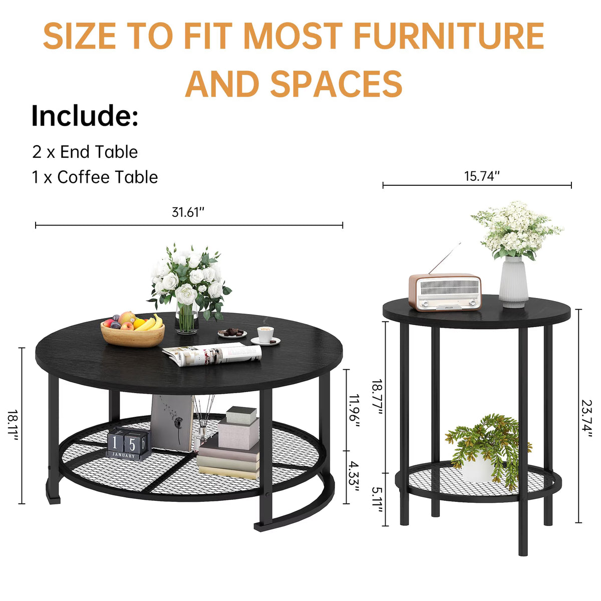 MOOSENG Coffee Table Set of 3, Industrial Vintage Wood Coffee Table with 2 Square End Side Tables, Easy Assembly Living Room Table Set for Offices, Living Rooms and Apartments