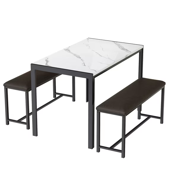 Cvortll Dining Faux Marble 30.7"H Table and 2 PU Leather Upholstered Bench for 4, White Dining Table with Bench for Home