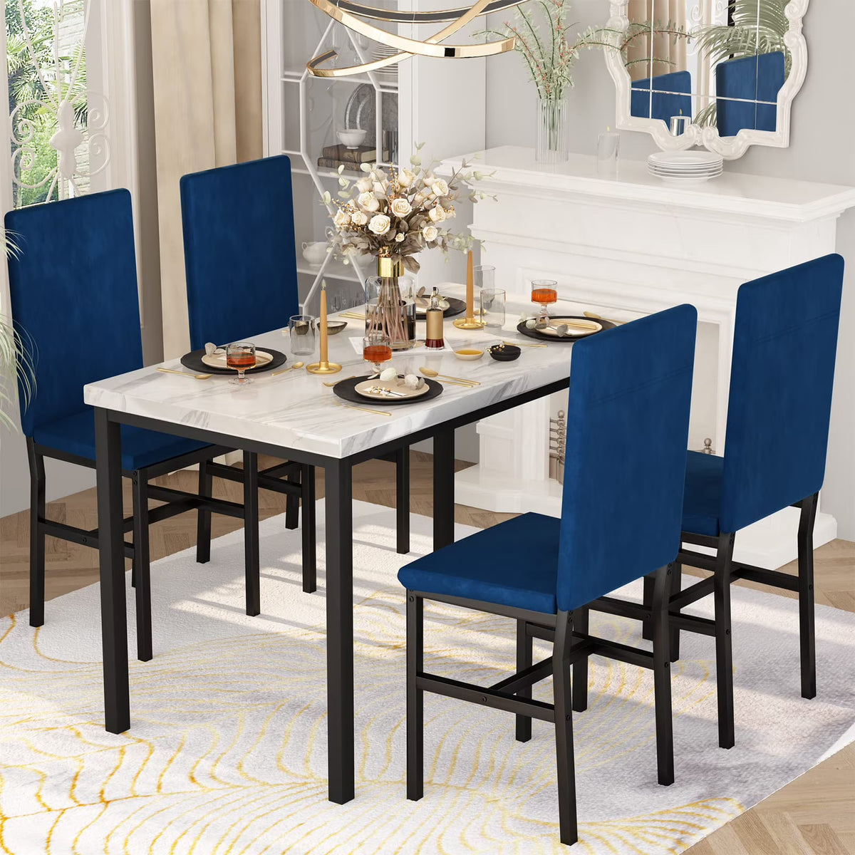 MOOSENG Small Dining Table Set for 4, 5 Pieces Dining Room Sets with Faux Marble Table & Velvet Chairs, Modern Kitchen Table Set with Chair for 4