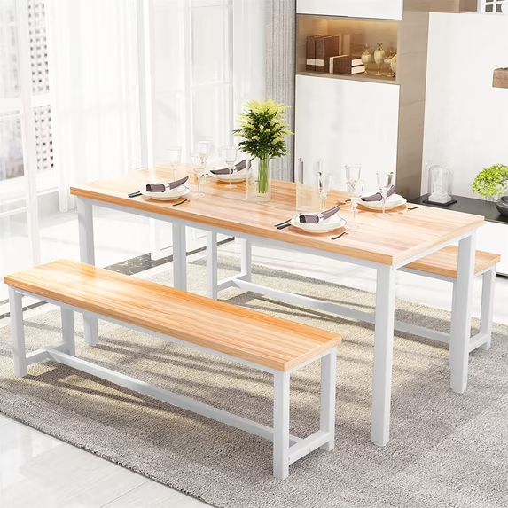 Cvortll Dining Room Table Set with 2 Benches, Kitchen Dining Table Set for 2-4 Person, Space Saving Kitchen Table and Chair Set with Metal Frame for Dining Room, Small Space, Breakfast Nook