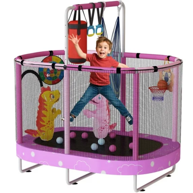 LinkRomat 7-in-1 60" Elliptic Trampoline for Kids, 500lbs Capacity Toddler Trampoline with Enclosure, Adjustable Height Handrail & Durable Designs for Boys & Girls, Indoor & Outdoor