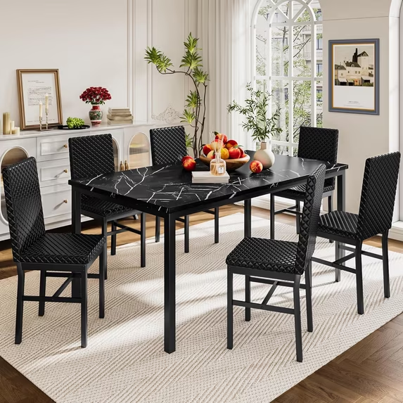 Cvortll Modern 7 Piece Dining Room Sets for 6, Faux Marble Dining Room Sets, PU Leather Chair, Dining Room, Apartment, Black