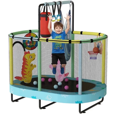 LinkRomat 7-in-1 60" Elliptic Trampoline for Kids, 500lbs Capacity Toddler Trampoline with Enclosure, Adjustable Height Handrail & Durable Designs for Boys & Girls, Indoor & Outdoor