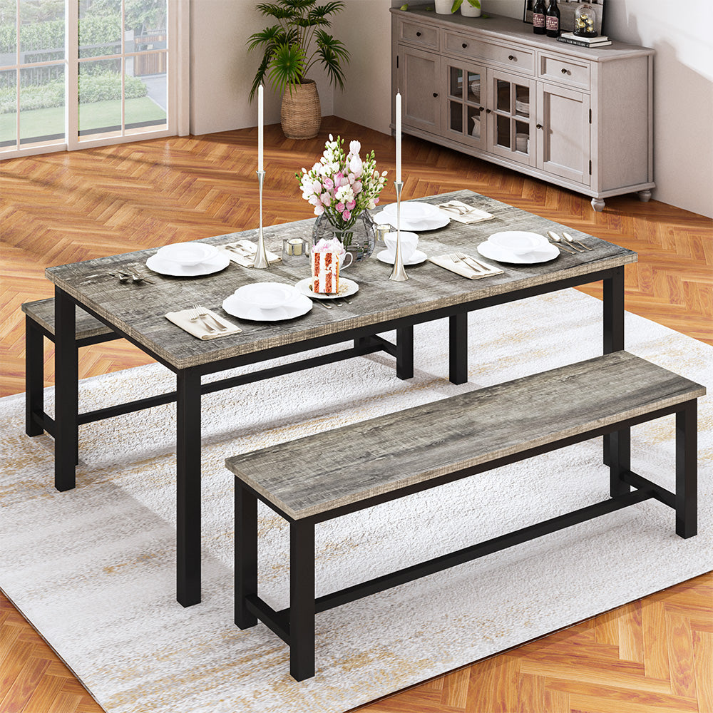 LinkRomat 3 Piece Dining Room Table Set for 4, 47" Farmhouse Dining Table with Benches, Rectangular Kitchen Sets for Small Space, Apartment, Restaurant