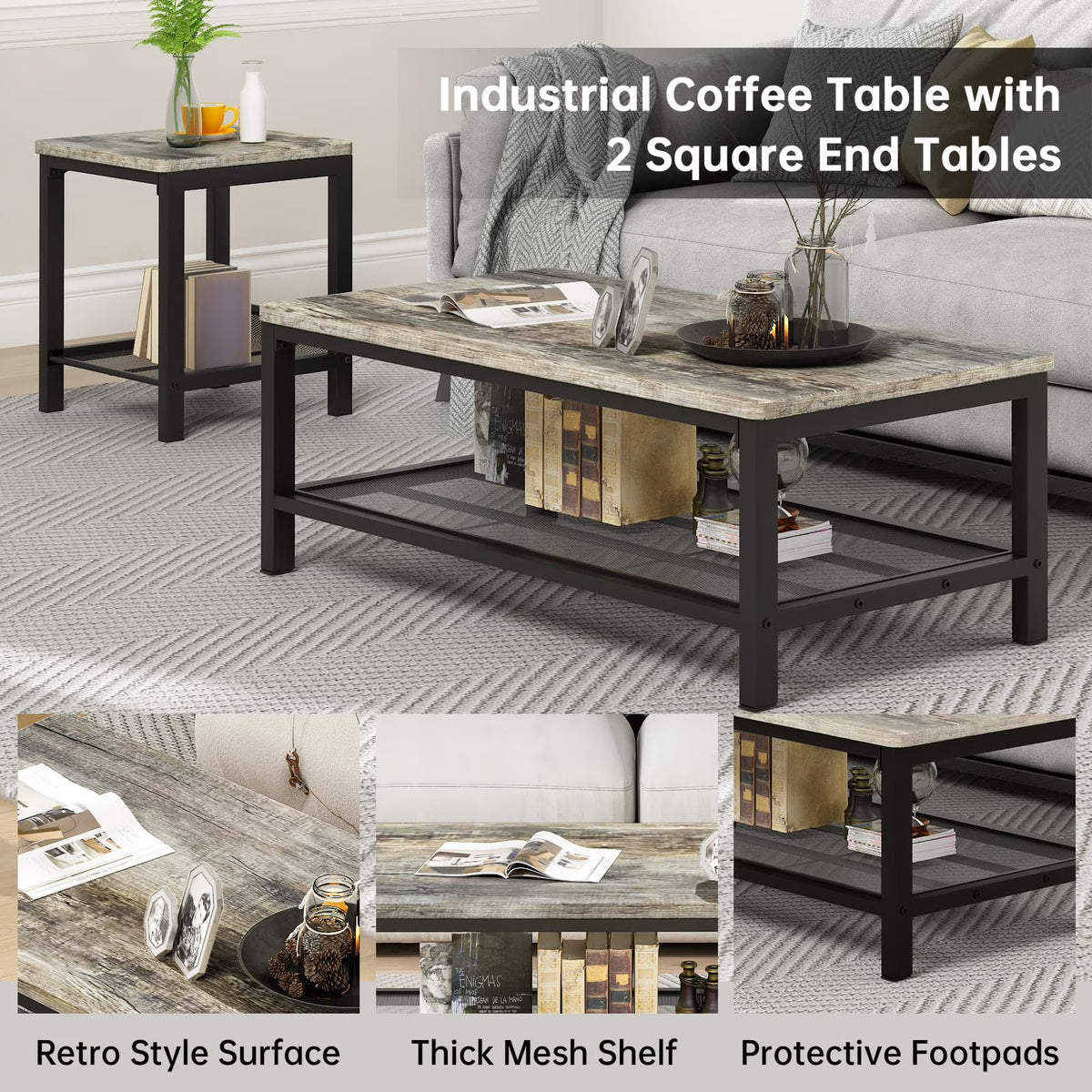 MOOSENG Coffee Table Set of 3, Industrial Vintage Wood Coffee Table with 2 Square End Side Tables, Easy Assembly Living Room Table Set for Offices, Living Rooms and Apartments