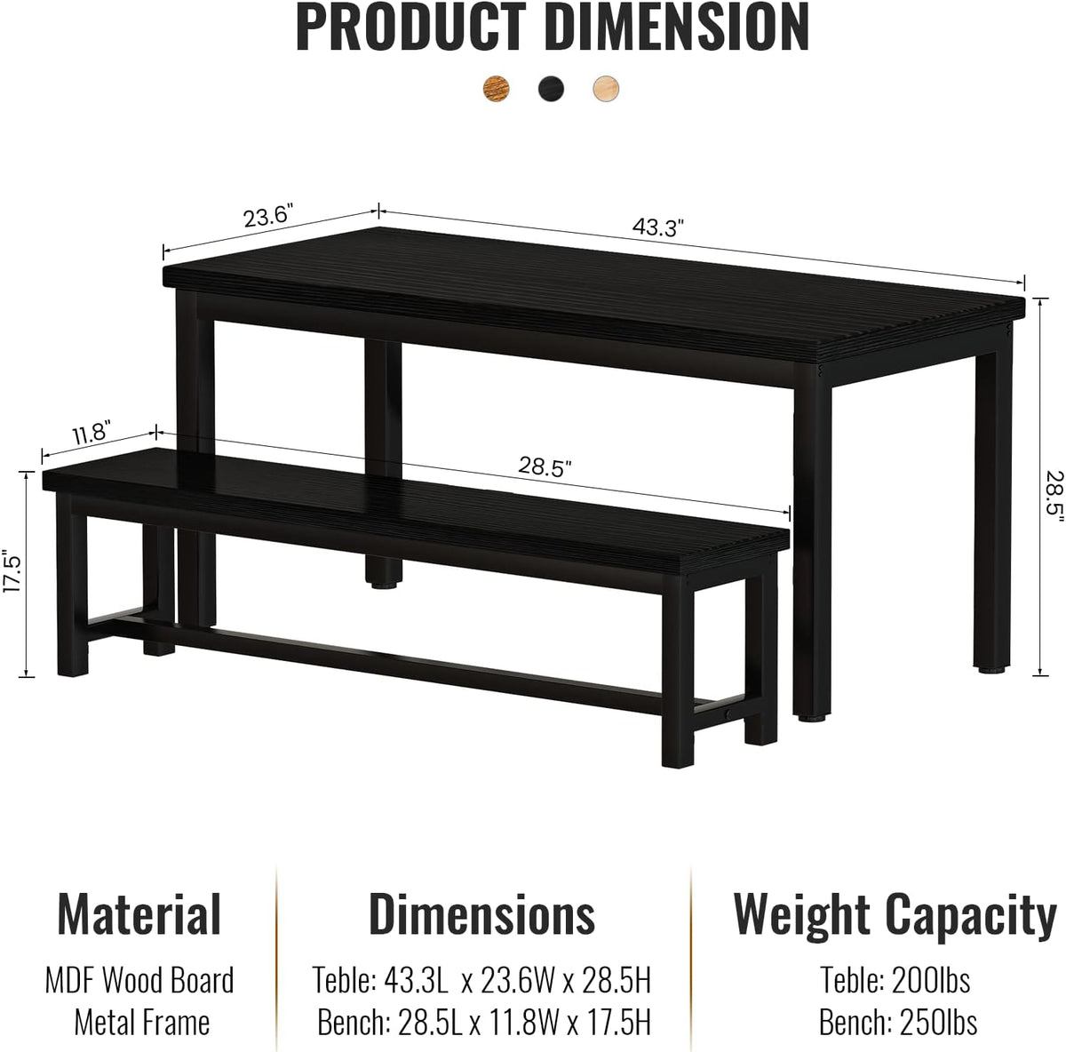 Recaceik 3 Piece Dining Room Table 28.7"H and Long Benches Suitable for Families of Four to Six
