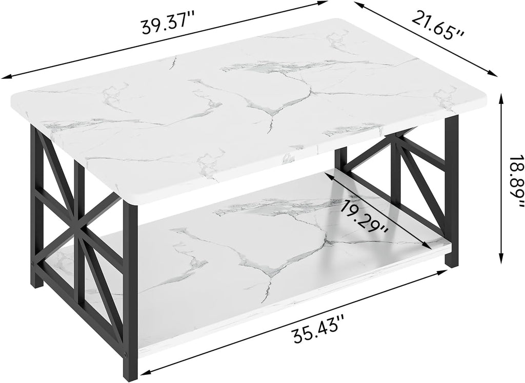 MOOSENG Coffee Table with Storage Shelf, 2-Tier Industrial Living Room Table Round Corners , Faux Marble Center Table with Metal Frame, Rustic Cocktail Table for Living Room