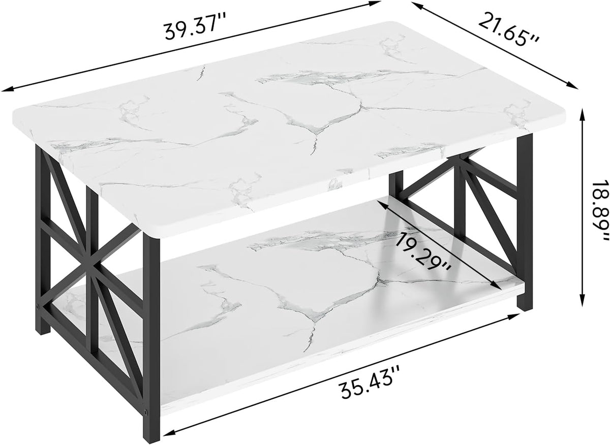 MOOSENG Coffee Table with Storage Shelf, 2-Tier Industrial Living Room Table Round Corners , Faux Marble Center Table with Metal Frame, Rustic Cocktail Table for Living Room