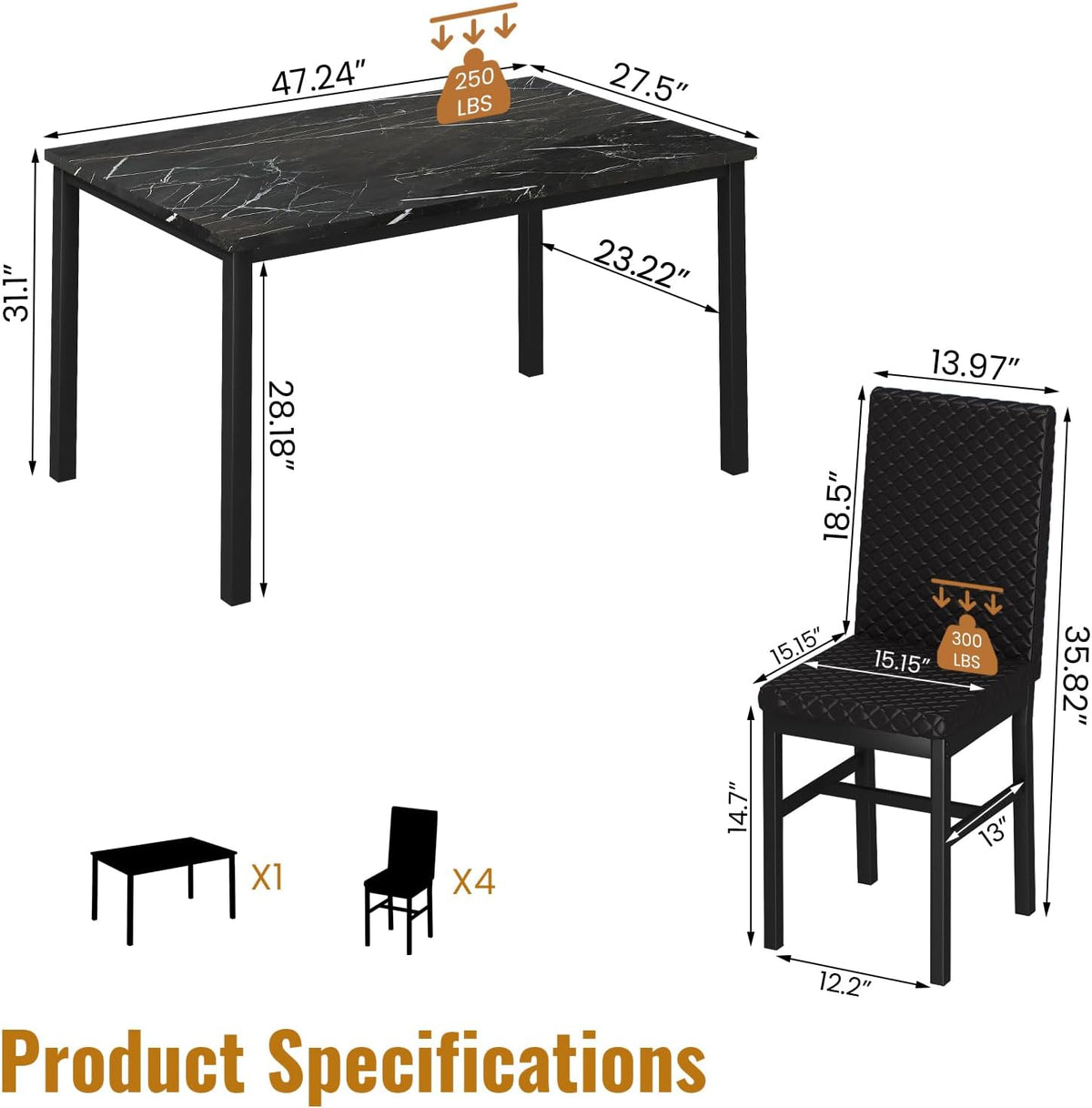 Cvortll 5 Piece Dining Table Set, Kitchen Table and Chairs Set for 4 with Faux Marble and 4 Velvet Upholstered Dining Chairs for Home, Restaurant, Black & Black