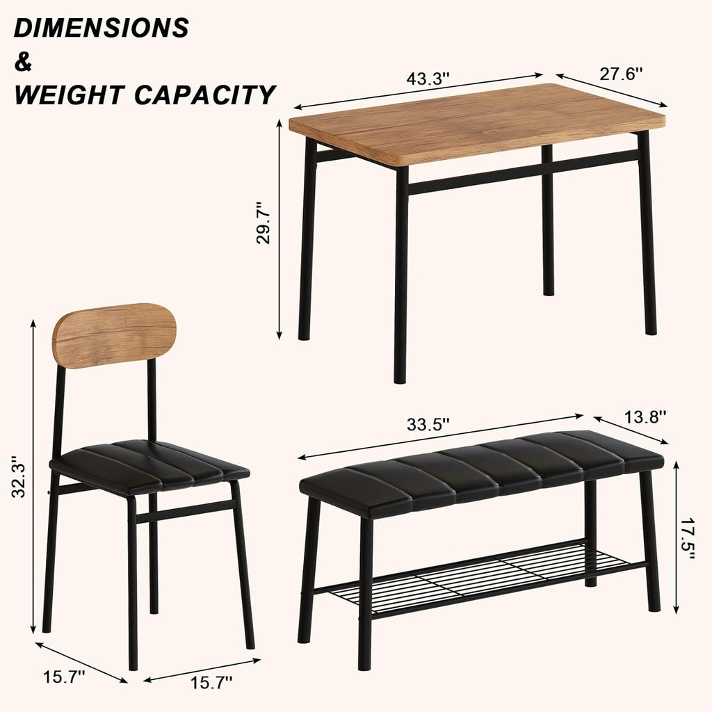 LinkRomat 4-Piece Dining Table Set with Bench & Chairs, Industrial Kitchen Table for 4, Metal Frame with Storage Rack, for Small Space, Apartment