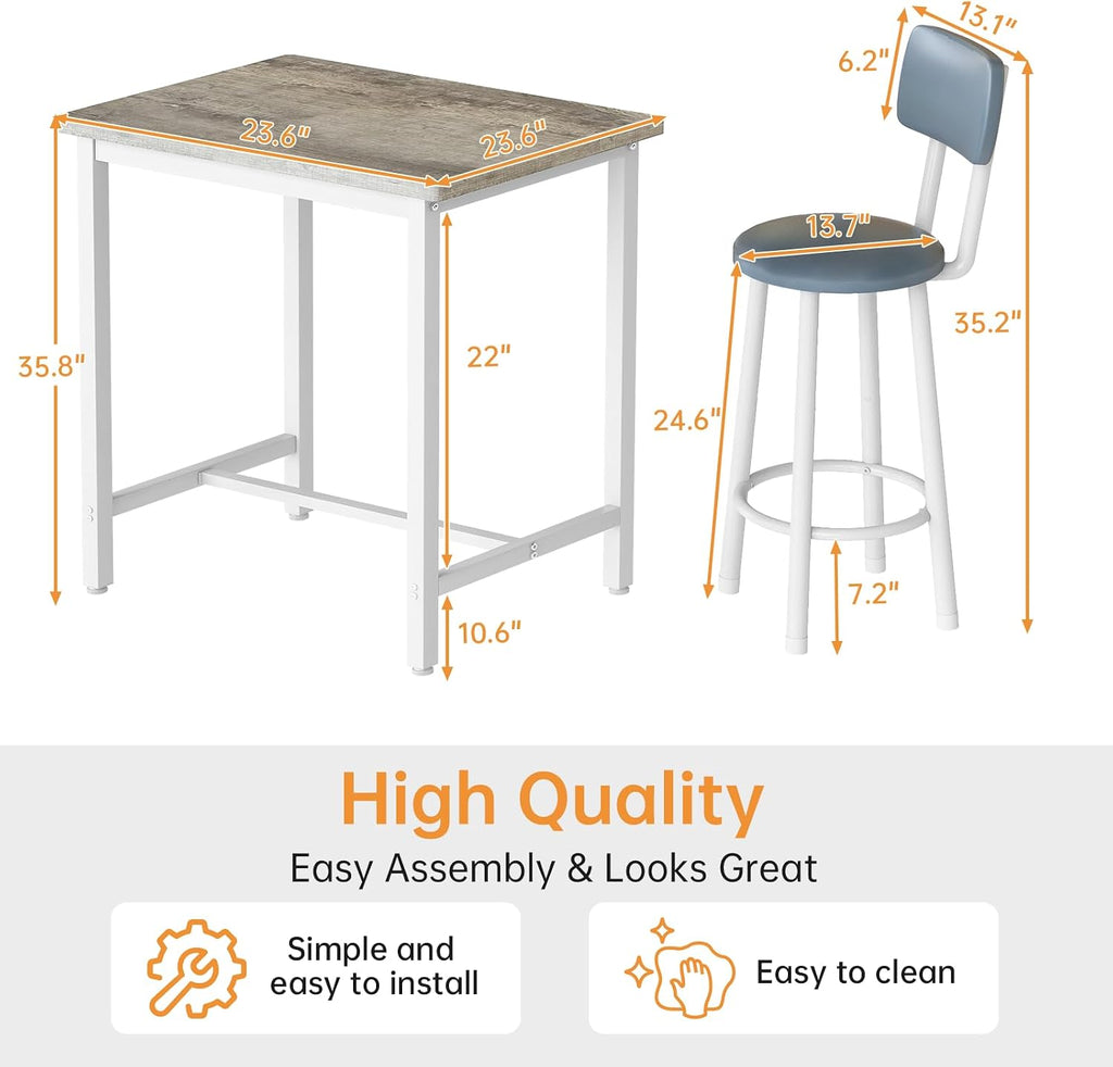 MOOSENG 3 Piece Counter Height Dining Table Set for 2, Bar Table Set of 2 Bistro Kitchen Table Sets with 2 PU Leather Bar Stools, Bar Table Set for Breakfast Nook Small Space