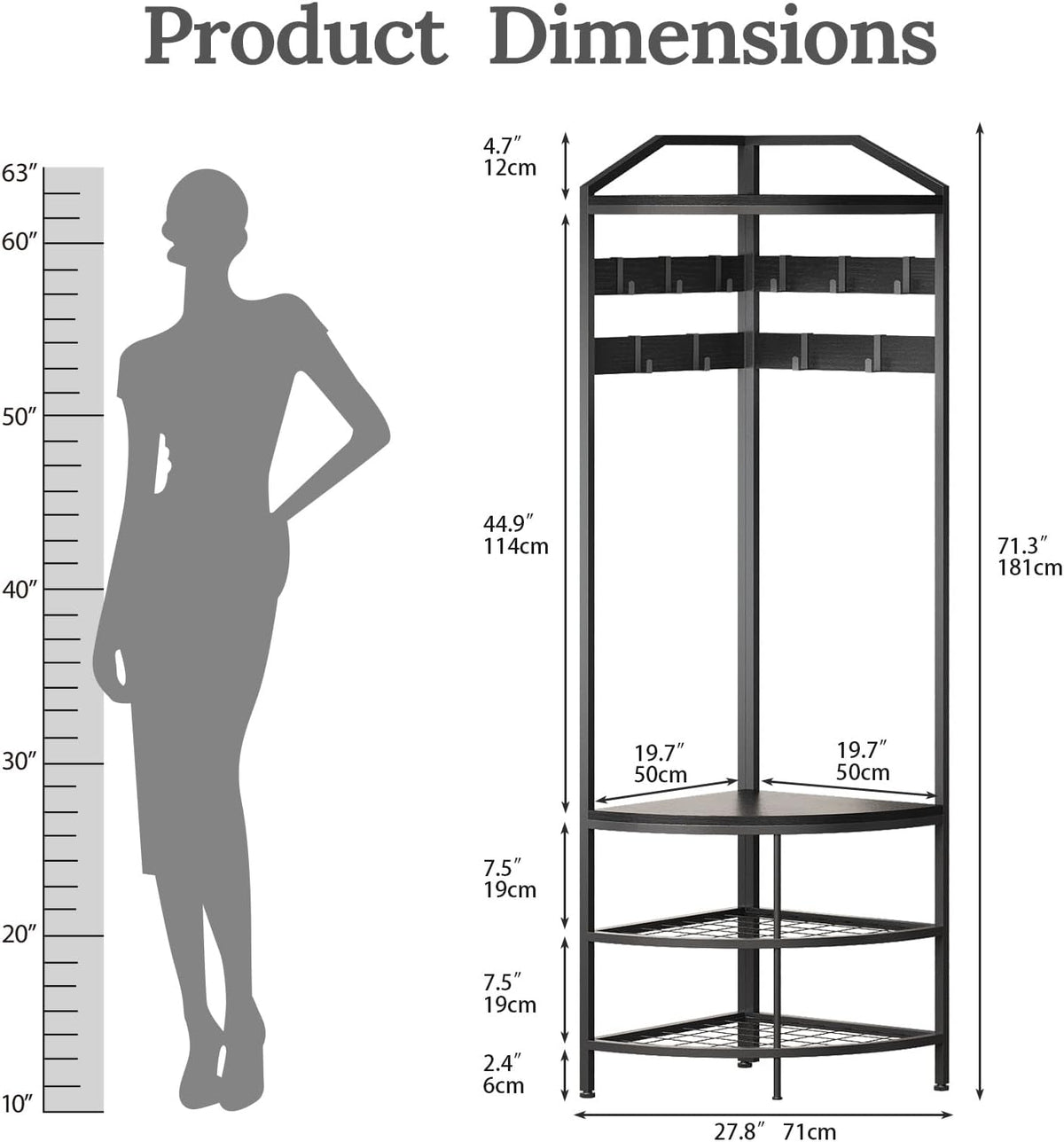 Cvortll 4-Tier Corner Coat Rack, Farmhouse Entryway Hall Tree with Shoe Storage and Hooks, Wood Corner Rack Clothes Shoe Shelf Organizer for Home