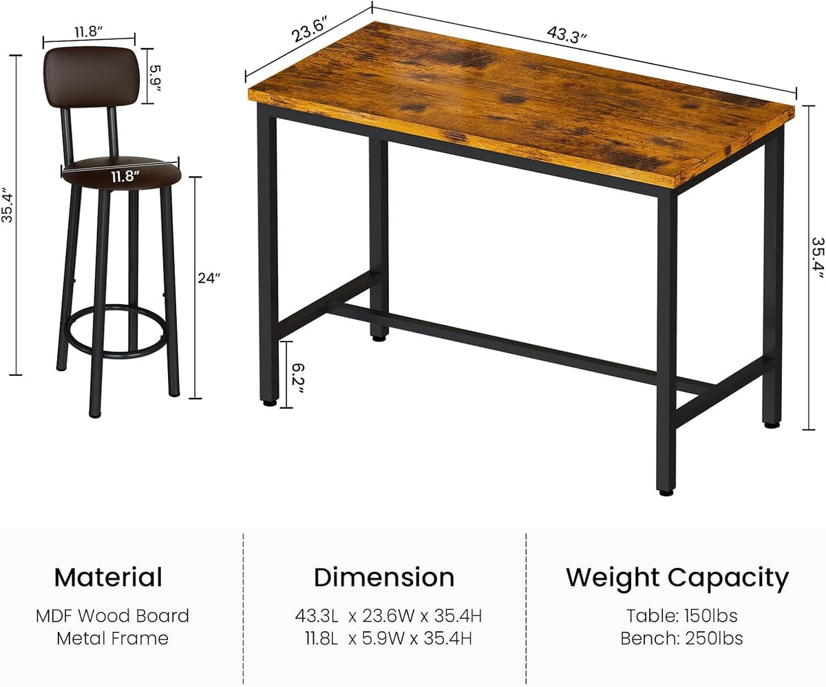 MOOSENG 4-Piece Counter Height Bar Table Dining Set with Metal Frame & 4 PU Stools, Space-Saving for Kitchen, Restaurant, Small Apartment