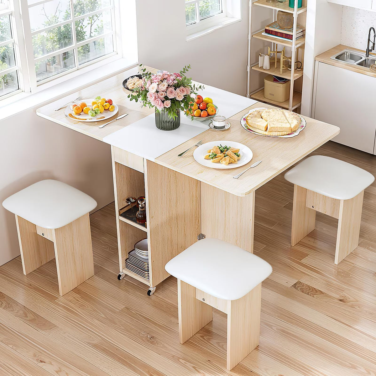 MOOSENG Folding Dining Table Set for 4, Dinner Table with 4 Leather Chairs and Shelves, Space Saving Foldable Dining Table with 6 Wheels, Kitchen Table Set for Small Spaces