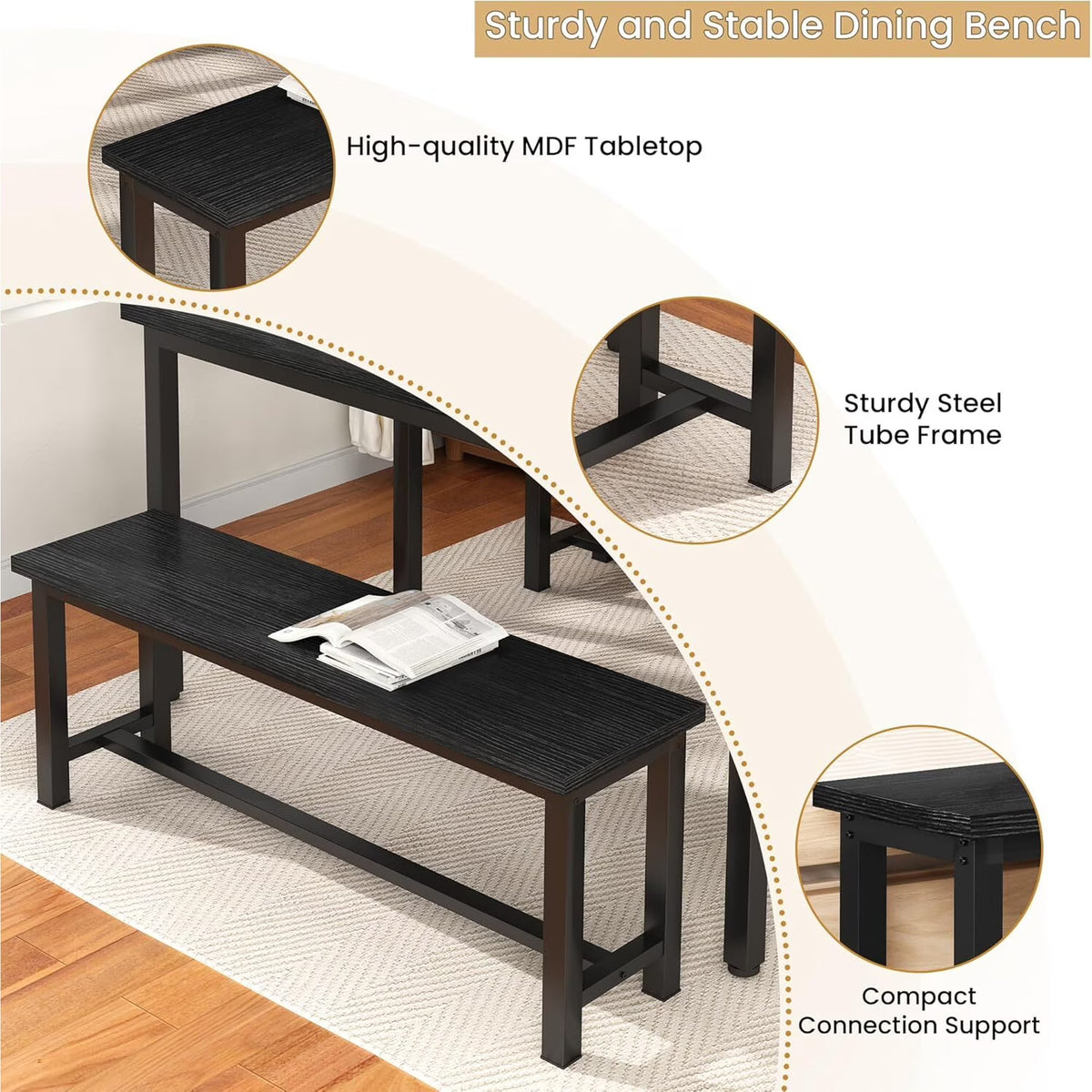 MOOSENG 2 Pack 39 Inch Industrial Dining Bench Set of 2 Black Kitchen Bench with Metal Legs Durable and Stable for Dining Room Living Room Bedroom Entryway