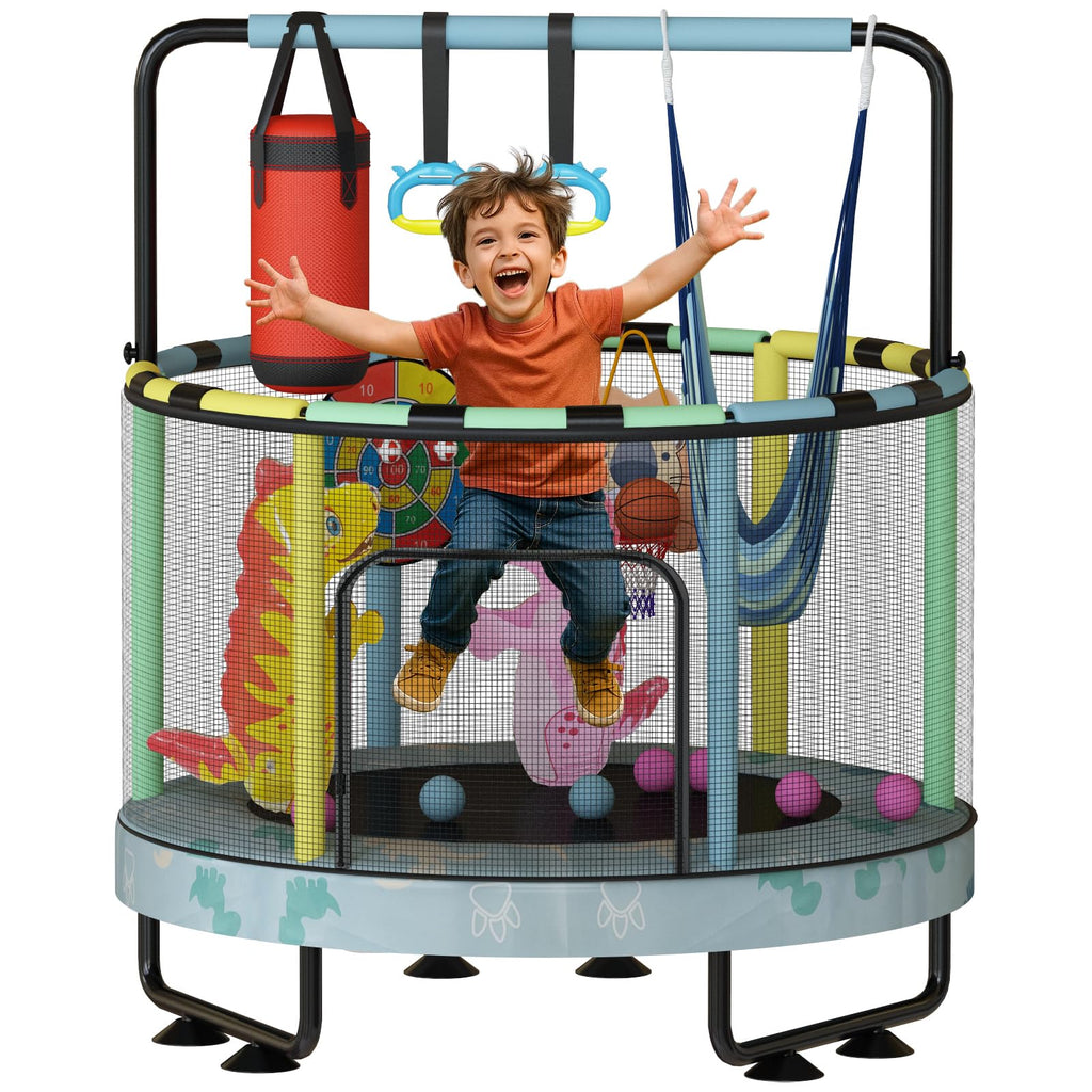 LinkRomat Round Trampoline for Kids, Indoor & Outdoor Toddler Trampoline with Enclosure, Adjustable Height Handrail & Durable Designs for Boys & Girls, 450lbs Capacity, 7-in-1, 55"