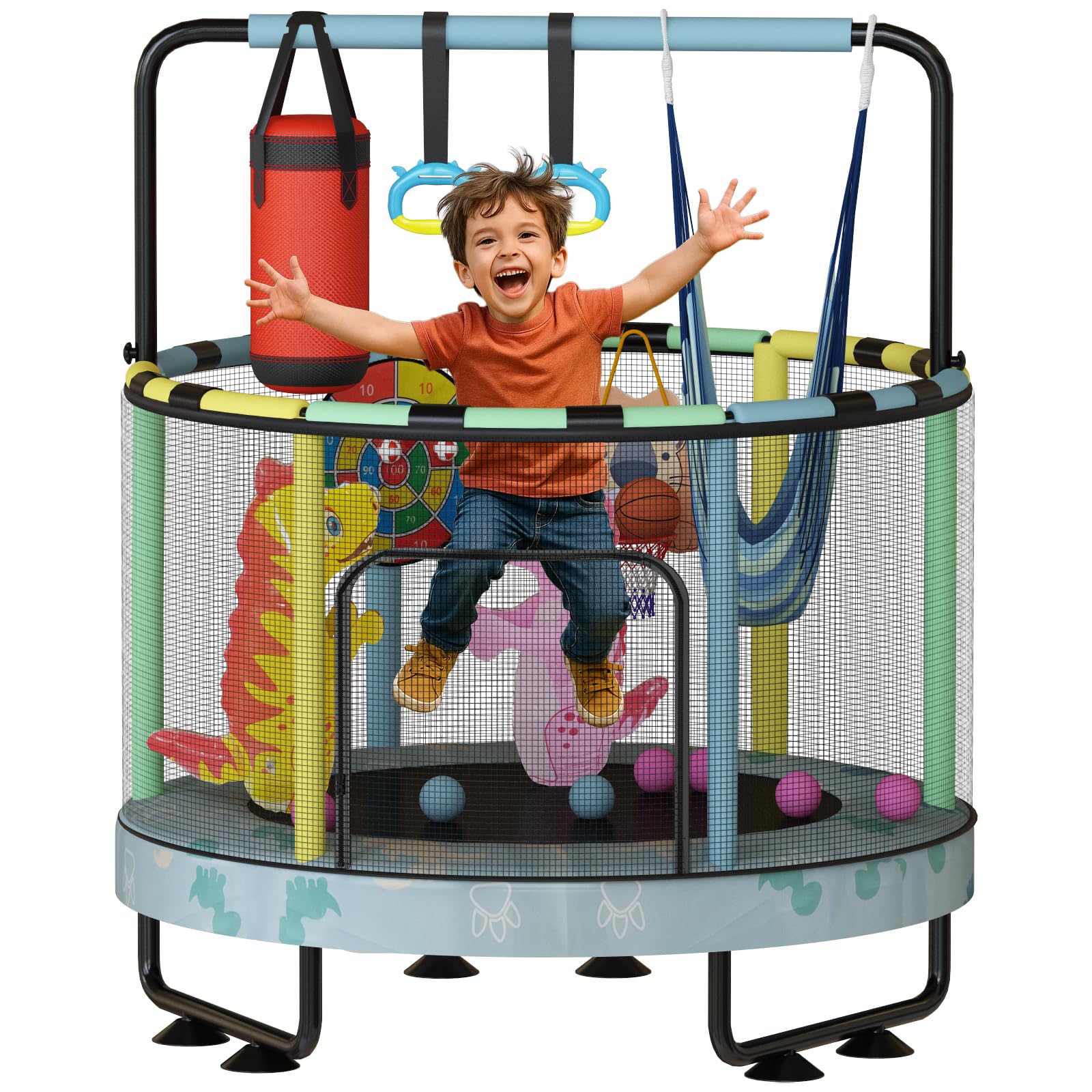 LinkRomat Round Trampoline for Kids, Indoor & Outdoor Toddler Trampoline with Enclosure, Adjustable Height Handrail & Durable Designs for Boys & Girls, 450lbs Capacity, 7-in-1, 55"
