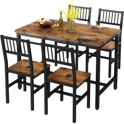 LinkRomat Industrial Dining Table Set for 4,Rectangular Kitchen Table with 4 Curved Chairs,Compact Table Set for Dining Room,Breakfast Nook & Small Space