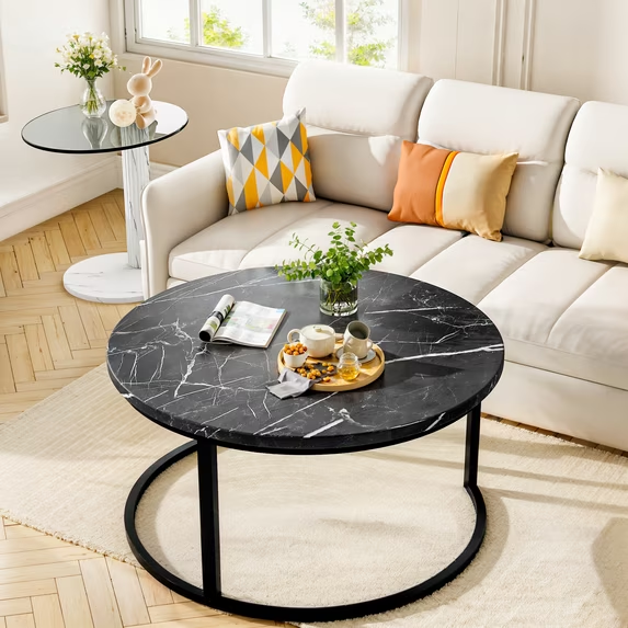 LinkRomat 2-Piece Round Coffee Table Set，Modern Marble & Glass Tops with Metal Legs for Living Room, Bedroom, Balcony (Black)