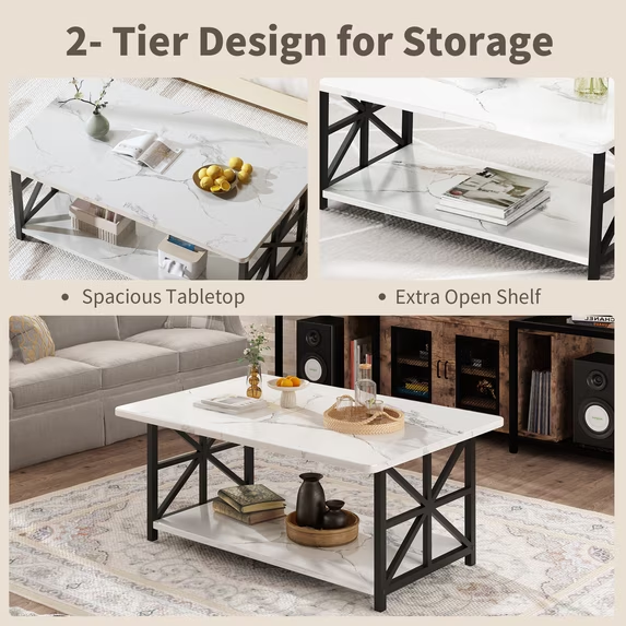 Cvortll Coffee Table Round Corners, 2 Tier Living Room Table with Storage Shelf, Rectangular Tabletop Center Desk for Small Spaces, White
