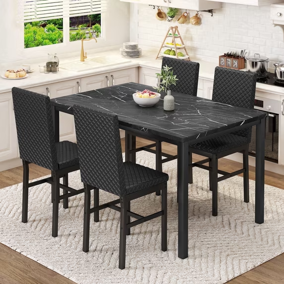 Cvortll Dining Table Set for 4,Faux Marble Kitchen Table with Velvet Upholstered Chairs,Small Dining Room Sets for Small Space Apartment Home,Black