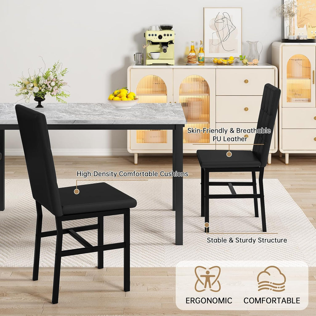 LinkRomat Modern Dining Table Set, Grey Faux Marble Rectangular Table Set and 4 Black PU Cushion Chairs, Dining Room Home Furniture for Small Space