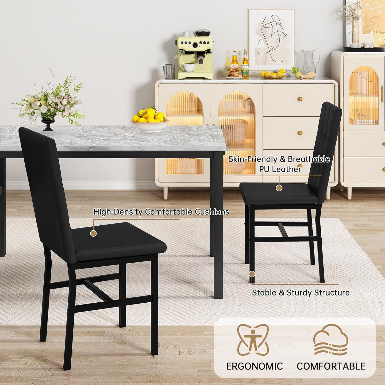 LinkRomat Modern Dining Table Set, Grey Faux Marble Rectangular Table Set and 4 Black PU Cushion Chairs, Dining Room Home Furniture for Small Space