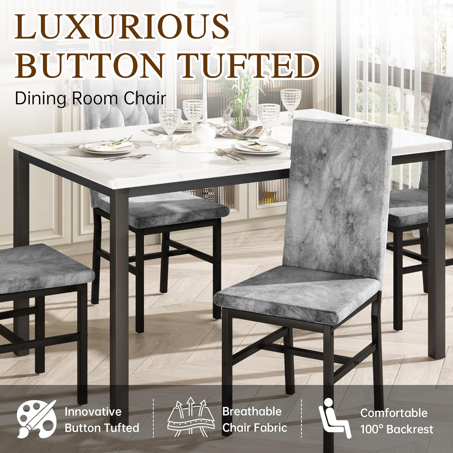 LinkRomat Dining Table Set for 4, Faux Marble Kitchen Table and Chairs, 5 Piece Small Dining Room Set with Button Tufted Upholstered Chairs
