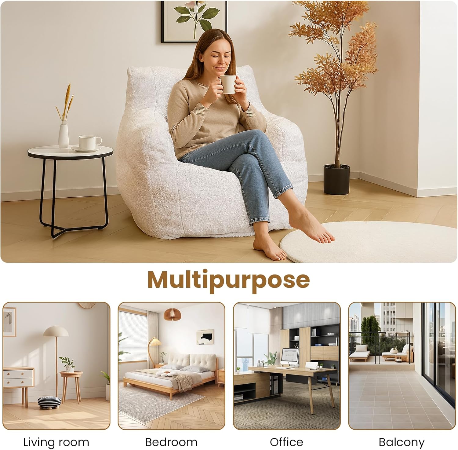 LinkRomat Bean Bag Chair, Bean Bag Sofa with Tufted Soft Stuffed Filling, Fluffy and Lazy Sofa with Premium Memory Foam Filler for Living Room, Bedroom, Dorm
