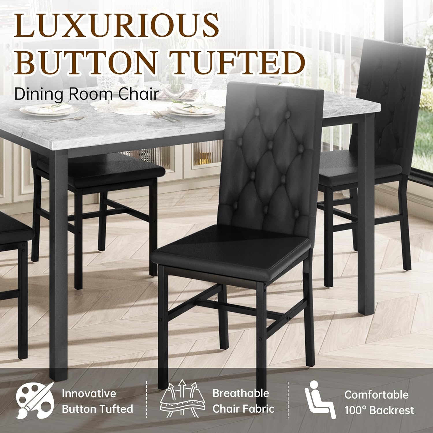 LinkRomat Dining Table Set for 4, Faux Marble Kitchen Table and Chairs, 5 Piece Small Dining Room Set with Button Tufted Upholstered Chairs