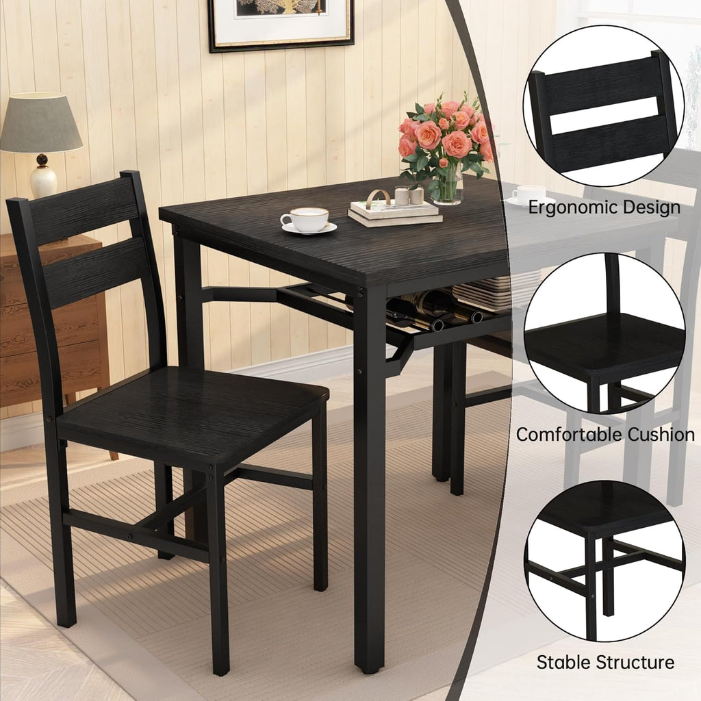 LinkRomat Small Dining Table for 2, Wooden Dinner Table with Storage, 3 Piece Farmhouse Square Dinette Set for Dining Room, Apartment, Small Space