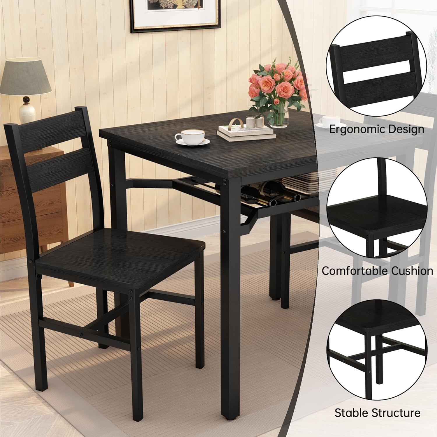 LinkRomat Small Dining Table for 2, Wooden Dinner Table with Storage, 3 Piece Farmhouse Square Dinette Set for Dining Room, Apartment, Small Space