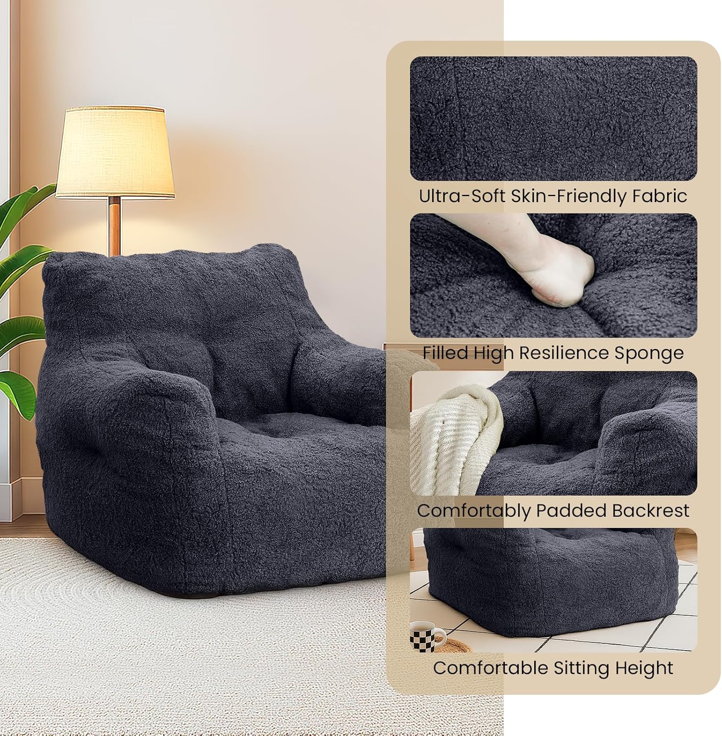 LinkRomat Bean Bag Chair, Bean Bag Sofa with Tufted Soft Stuffed Filling, Fluffy and Lazy Sofa with Premium Memory Foam Filler for Living Room, Bedroom, Dorm
